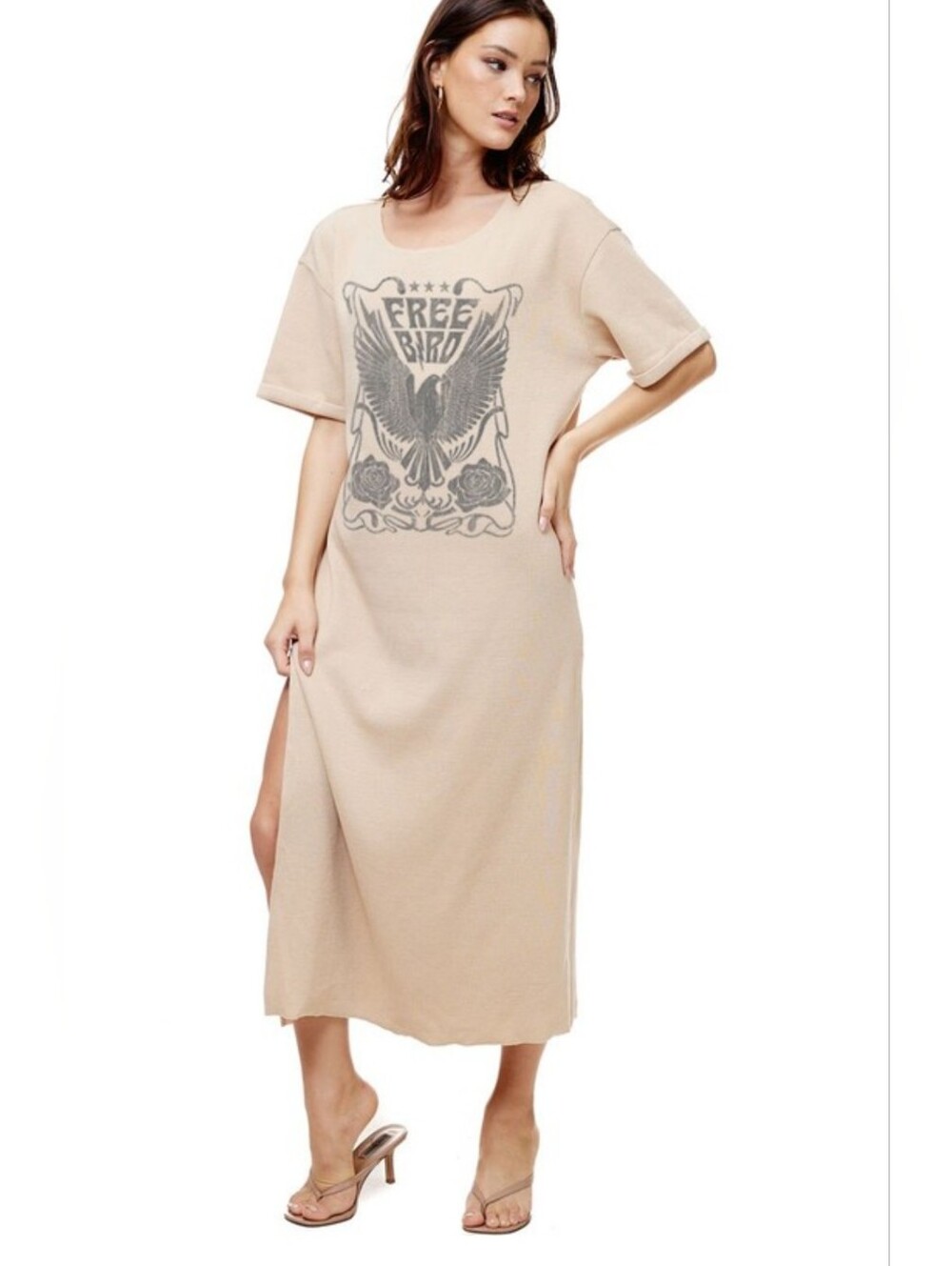 Zutter "Free Bird" Graphic Maxi T-Shirt Dress – Sand Beige - Picture 2 of 3